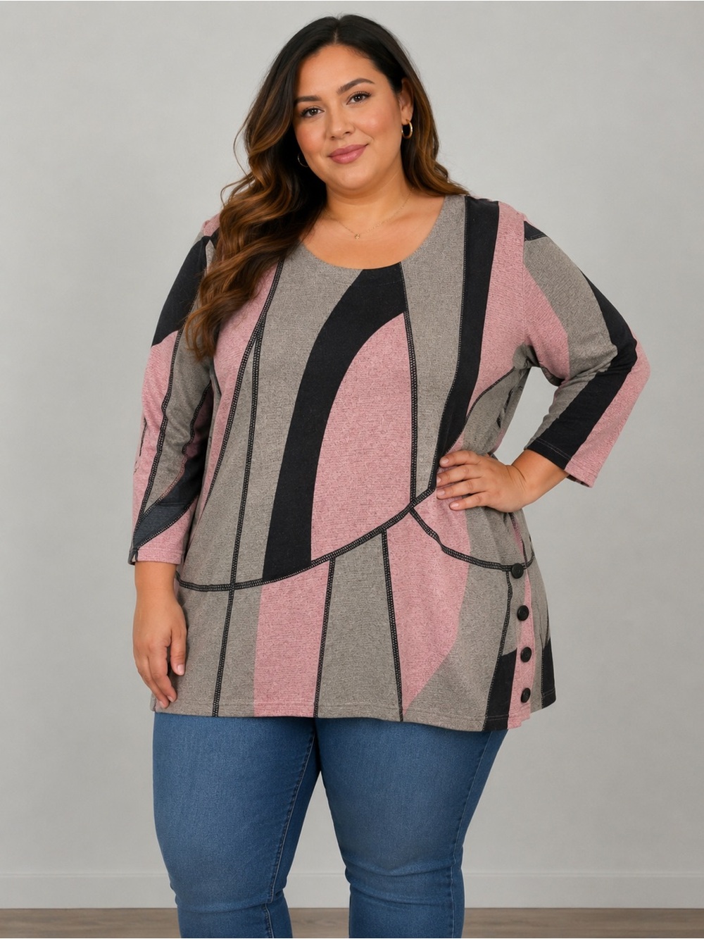 Laura Plus Geometric Knit Tunic Top – Women’s 3X – Pink, Grey & Black